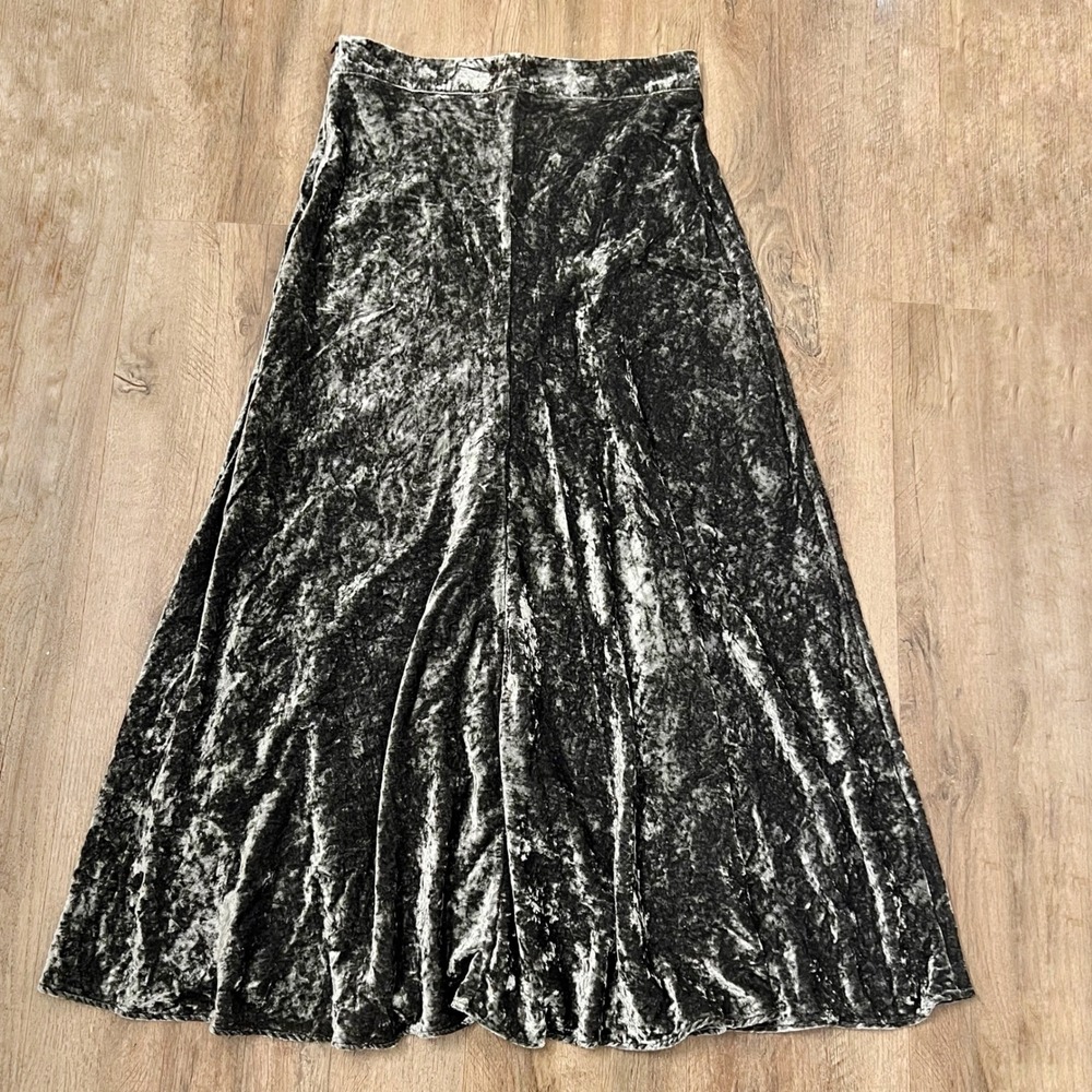 Zara Womens Crushed Velvet Midi Skirt Green Grey High Waist A-Line Small